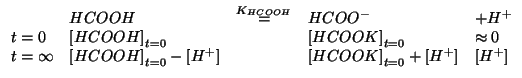 $
\begin{array}{lllll}
&HCOOH &\stackrel{\KOf{HCOOH}}{=}& {HCOO^-} &+ {H^+} \\
...
...ConcOf{{H^+}}&&
\InitialConcOf{HCOOK}+\ConcOf{{H^+}}&\ConcOf{{H^+}}
\end{array}$