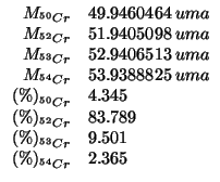 $
\begin{array}{rl}
\MWOf{^{50}Cr}&49.9460464\;uma\\
\MWOf{^{52}Cr}&51.9405098\...
...83.789\\
\PercentOf{^{53}Cr}&9.501\\
\PercentOf{^{54}Cr}&2.365\\
\end{array}$