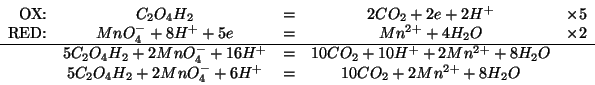 \begin{displaymath}
\begin{array}{rcccr}
\mbox{OX:}&C_2O_4H_2&=&2CO_2+2e+2H^+&\t...
...C_2O_4H_2+2MnO_4^-+6H^+&=&10CO_2+2Mn^{2+}+8H_2O&\\
\end{array}\end{displaymath}