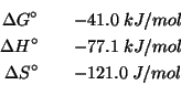 \begin{eqnarray*}
\Delta{}G^\circ&&-41.0\;kJ/mol\\
\Delta{}H^\circ&&-77.1\;kJ/mol\\
\Delta{}S^\circ&&-121.0\;J/mol\\
\end{eqnarray*}