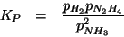 \begin{eqnarray*}
K_P&=&\frac{\POf{H_2}\POf{N_2H_4}}{\POf{NH_3}^2}
\end{eqnarray*}