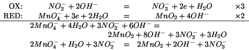 \begin{displaymath}
\begin{array}{rcccr}
\mbox{OX:}&NO_2^-+2OH^-&=&NO_3^-+2e+H_2...
...
&2MnO_4^-+H_2O+3NO_2^-&=&2MnO_2+2OH^-+3NO_3^-&\\
\end{array}\end{displaymath}