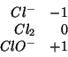 \begin{eqnarray*}
\begin{array}{rr}
Cl^-&-1\\
Cl_2&0\\
ClO^{-}&+1\\
\end{array}\end{eqnarray*}