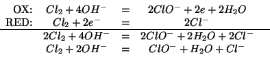 \begin{displaymath}
\begin{array}{rcccr}
\mbox{OX:}&Cl_2+4OH^-&=&2ClO^-+2e+2H_2O...
...-+2H_2O+2Cl^-&\\
&Cl_2+2OH^-&=&ClO^-+H_2O+Cl^-&\\
\end{array}\end{displaymath}