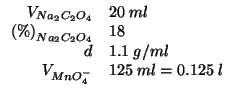 $
\begin{array}{rl}
V_{Na_2C_2O_4}&20\;ml\\
\PercentOf{Na_2C_2O_4}&18\\
d&1.1\;g/ml\\
V_{MnO_4^-}&125\;ml=0.125\;l\\
\end{array}$