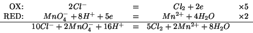 \begin{displaymath}
\begin{array}{rcccr}
\mbox{OX:}&2Cl^-&=&Cl_2+2e&\times5\\
\...
...e
&10Cl^-+2MnO_4^-+16H^+&=&5Cl_2+2Mn^{2+}+8H_2O&\\
\end{array}\end{displaymath}
