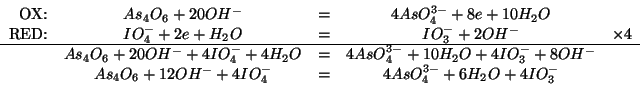 \begin{displaymath}
\begin{array}{rcccr}
\mbox{OX:}&As_4O_6+20OH^-&=&4AsO_4^{3-}...
...4O_6+12OH^-+4IO_4^-&=&4AsO_4^{3-}+6H_2O+4IO_3^-&\\
\end{array}\end{displaymath}