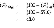 \begin{eqnarray*}
\PercentOf{Mg}&=&(100-\PercentOf{Al})\\
&=&(100-57.0)\\
&=&43.0\\
\end{eqnarray*}