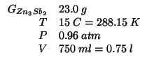 $
\begin{array}{rl}
\GOf{Zn_3Sb_2}&23.0\;g\\
T&15\;C=288.15\;K\\ %(+ 273.15 15.0)288.15
P&0.96\;atm\\
V&750\;ml=0.75\;l\\
\end{array}$
