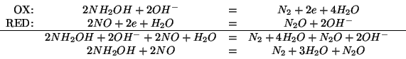 \begin{displaymath}
\begin{array}{rcccr}
\mbox{OX:}&2NH_2OH+2OH^-&=&N_2+2e+4H_2O...
...2O+N_2O+2OH^-&\\
&2NH_2OH+2NO&=&N_2+3H_2O+N_2O&\\
\end{array}\end{displaymath}