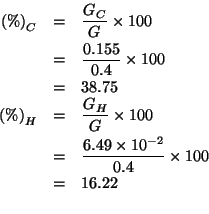 \begin{eqnarray*}
\PercentOf{C}&=&\frac{G_C}{G}\times100\\
&=&\frac{0.155}{0.4}...
...s100\\
&=&16.22\\ % (* 100.0 (/ 6.49e-2 0.4))16.224999999999998
\end{eqnarray*}