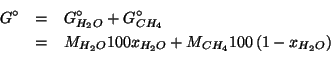 \begin{eqnarray*}
G^\circ&=&G^\circ_{H_2O}+G^\circ_{CH_4}\\
&=&M_{H_2O}100x_{H_2O}+M_{CH_4}100\left(1-x_{H_2O}\right)\\
\end{eqnarray*}