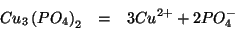 \begin{eqnarray*}
Cu_3\left(PO_4\right)_2&=&3Cu^{2+}+2PO_4^-
\end{eqnarray*}
