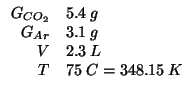 $
\begin{array}{rl}
\GOf{CO_2}&5.4\;g\\
\GOf{Ar}&3.1\;g\\
V&2.3\;L\\
T&75\;C=348.15\;K\end{array}$