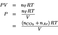 \begin{eqnarray*}
PV&=&n_TRT\\
P&=&\frac{n_TRT}{V}\\
&=&\frac{\left(\NOf{CO_2}+\NOf{Ar}\right)RT}{V}\\
\end{eqnarray*}