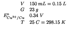 $
\begin{array}{rl}
V&150\;mL=0.15\;L\\
G&23\;g\\
E^\circ_{Cu^{2+}/Cu}&0.34\;V\\
T&25\;C=298.15\;K\end{array}$