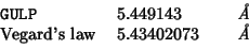 \begin{tabular}{lD{.}{.}{10}l}
\texttt{GULP}&5.449143&\mbox{\textit{\AA}}\\
Vegard's law&5.43402073&\mbox{\textit{\AA}}\\
\end{tabular}