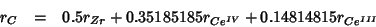 \begin{eqnarray*}
r_C&=&0.5r_{Zr}+0.35185185r_{Ce^{IV}}+0.14814815r_{Ce^{III}}
\end{eqnarray*}