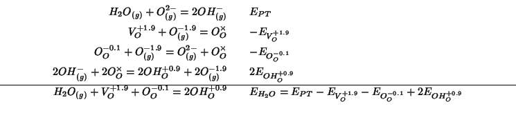 \begin{eqnarray*}
H_2O_{(g)}+O^{2-}_{(g)}=2OH^-_{(g)}&&E_{PT}\\
V_O^{+1.9}+O_{(...
..._{H_2O}=E_{PT}-E_{V_O^{+1.9}}-E_{O_O^{-0.1}}+2E_{OH_O^{+0.9}}\\
\end{eqnarray*}