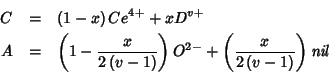 \begin{eqnarray*}
C&=&\left(1-x\right)Ce^{4+}+xD^{v+}\\
A&=&\left(1-\frac{x}{2\...
...ight)O^{2-}+\left(\frac{x}{2\left(v-1\right)}\right)\mathit{nil}
\end{eqnarray*}