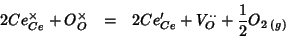 \begin{eqnarray*}
2Ce_{Ce}^\times+O_O^\times&=&2Ce_{Ce}^\prime+V_O^{\cdot\cdot}+\frac{1}{2}O_{2\;(g)}
\end{eqnarray*}