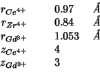 \begin{tabular}{rD{.}{.}{-1}l}
{$r_{Ce^{4+}}$}&0.97&{\it {}\AA}\\
{$r_{Zr^{4+}}...
...}&1.053&{\it {}\AA}\\
{$z_{Ce^{4+}}$}&4&\\
{$z_{Gd^{3+}}$}&3&\\
\end{tabular}